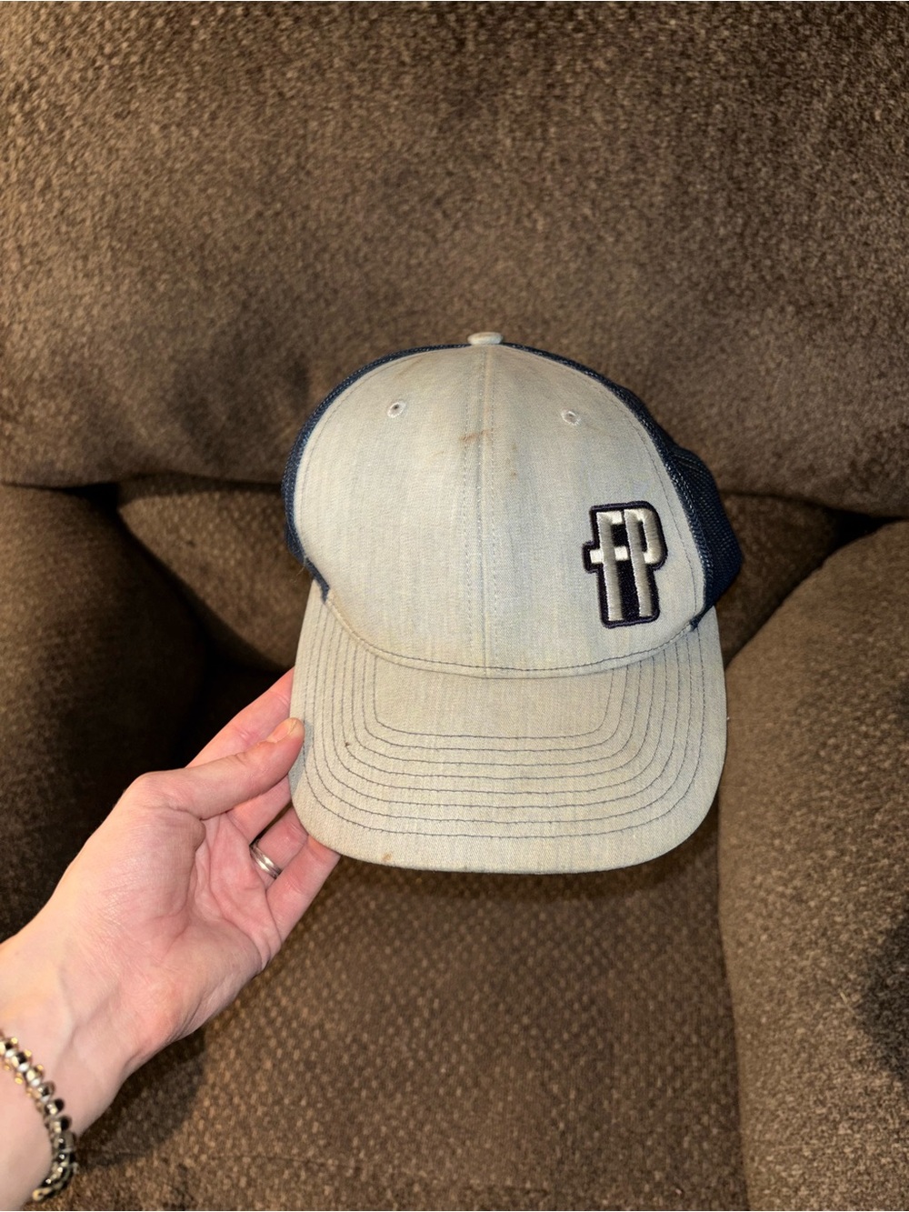 Unbranded Beige and Navy Mesh Trucker Hat with Embroidered Logo